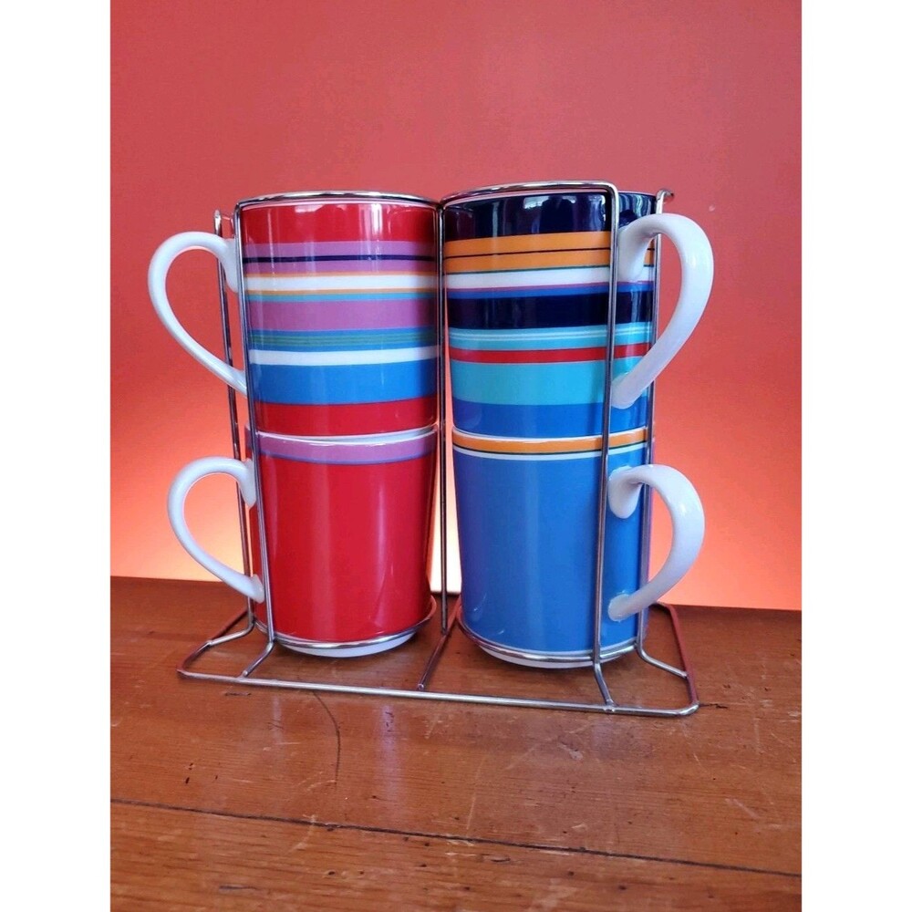 4 Lenox DKNY Urban Essentials Stackable Coffee / Tea Cups With Storage Rack